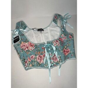 Scarlet Darkness Floral Corset Top Bustier Blue Pink Roses Ribbon Lace Up Size 8